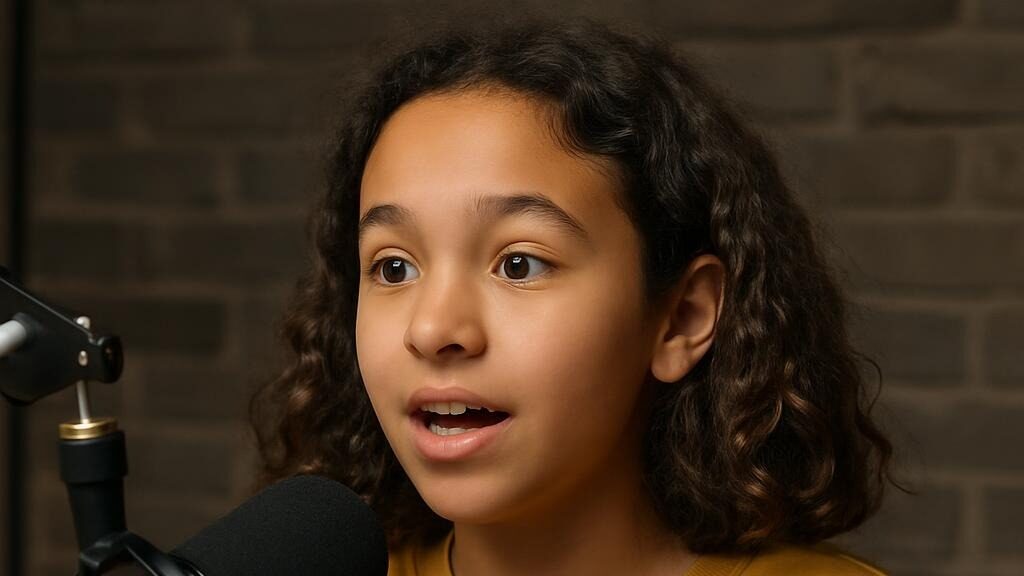 A focused pre-teen speaks confidently, passionately while delivering a speech to the Let the Children Speak audience; a production of Unseen Twisted Truths LLC