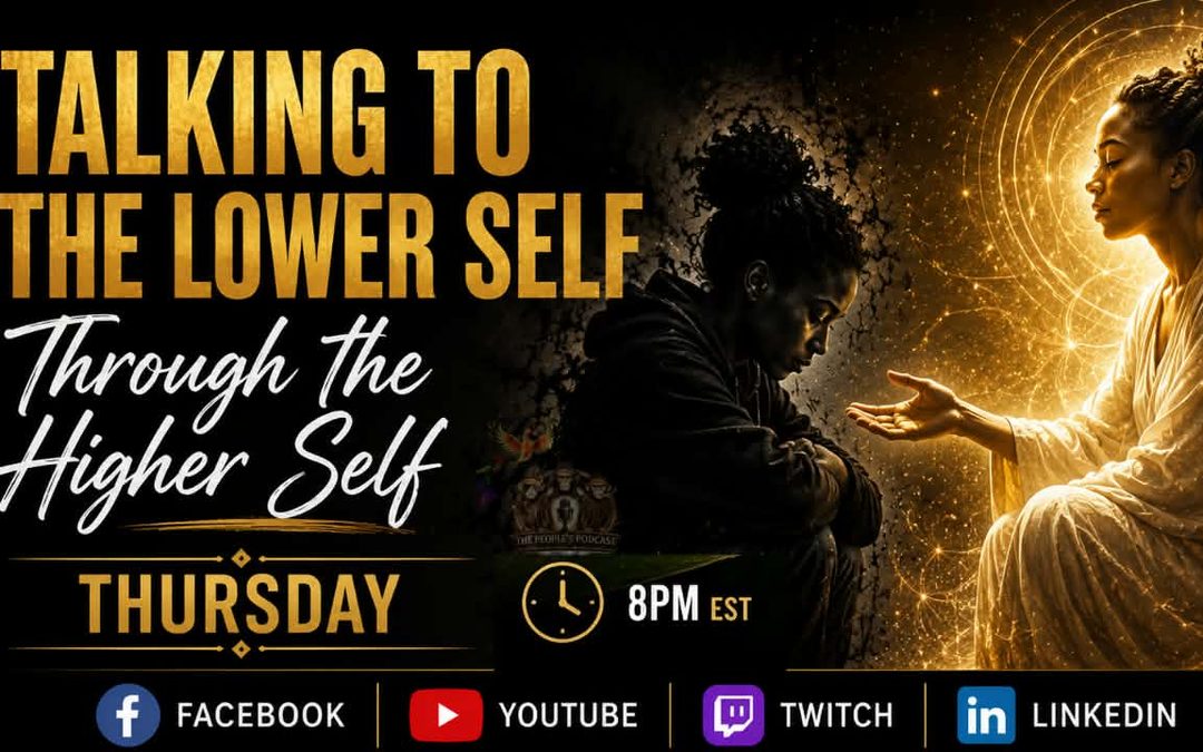 Talking to the Lower Self Through the Higher Self promotional image showing the Lower Self in darkness facing the Higher Self surrounded by golden light