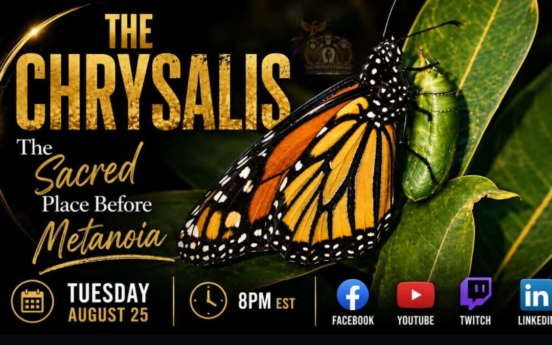 Monarch butterfly emerging from a chrysalis, representing the sacred transformation before metanoia.