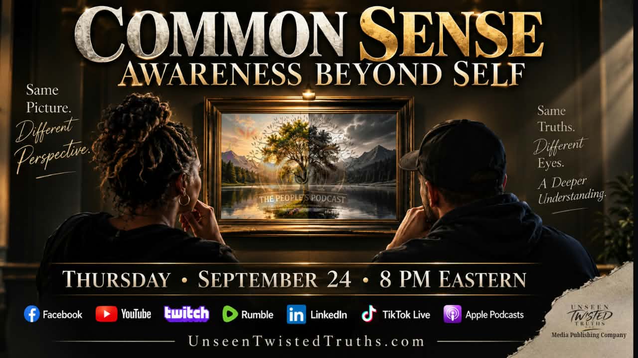 Two people viewing the same framed picture from different perspectives for The People’s Podcast episode Common Sense: Awareness Beyond Self.